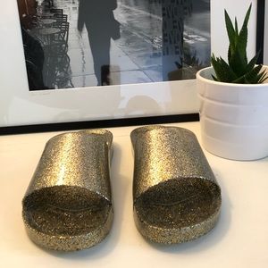 Fun! J Crew gold glitter pool slides, size 8